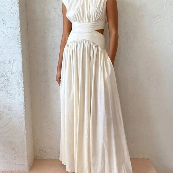 White Elegant Women's Hollow Pocket Cinched Waist Casual Midi Dress - Picture 3 of 7